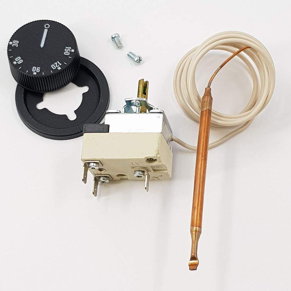 V-TUF 19.5111 thermostat with switch close-up showing micro-switch and capillary tube