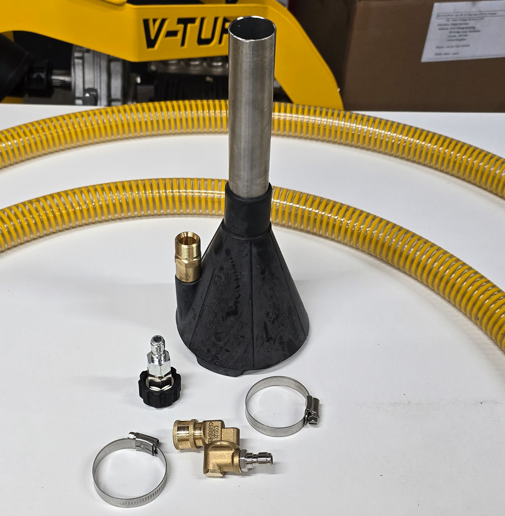 V-TUF sludge pump adaptor kit components showing pressure washer inlet and outlet fittings