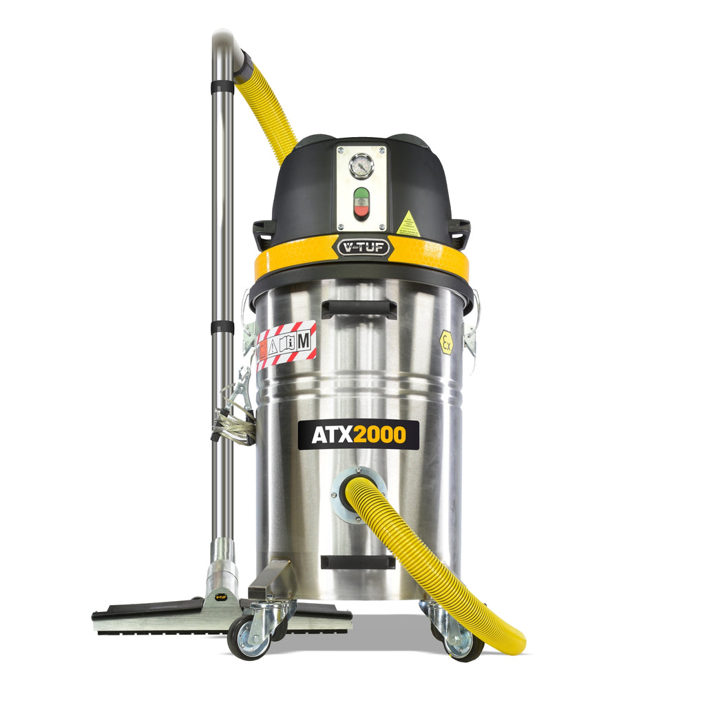 V-TUF ATX2000-240 ATEX vacuum side view showing stainless drum and M-Class filter
