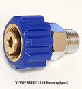 V-TUF B14.400438 M22 female to 3/8 BSP male brass coupling side view showing spigot detail