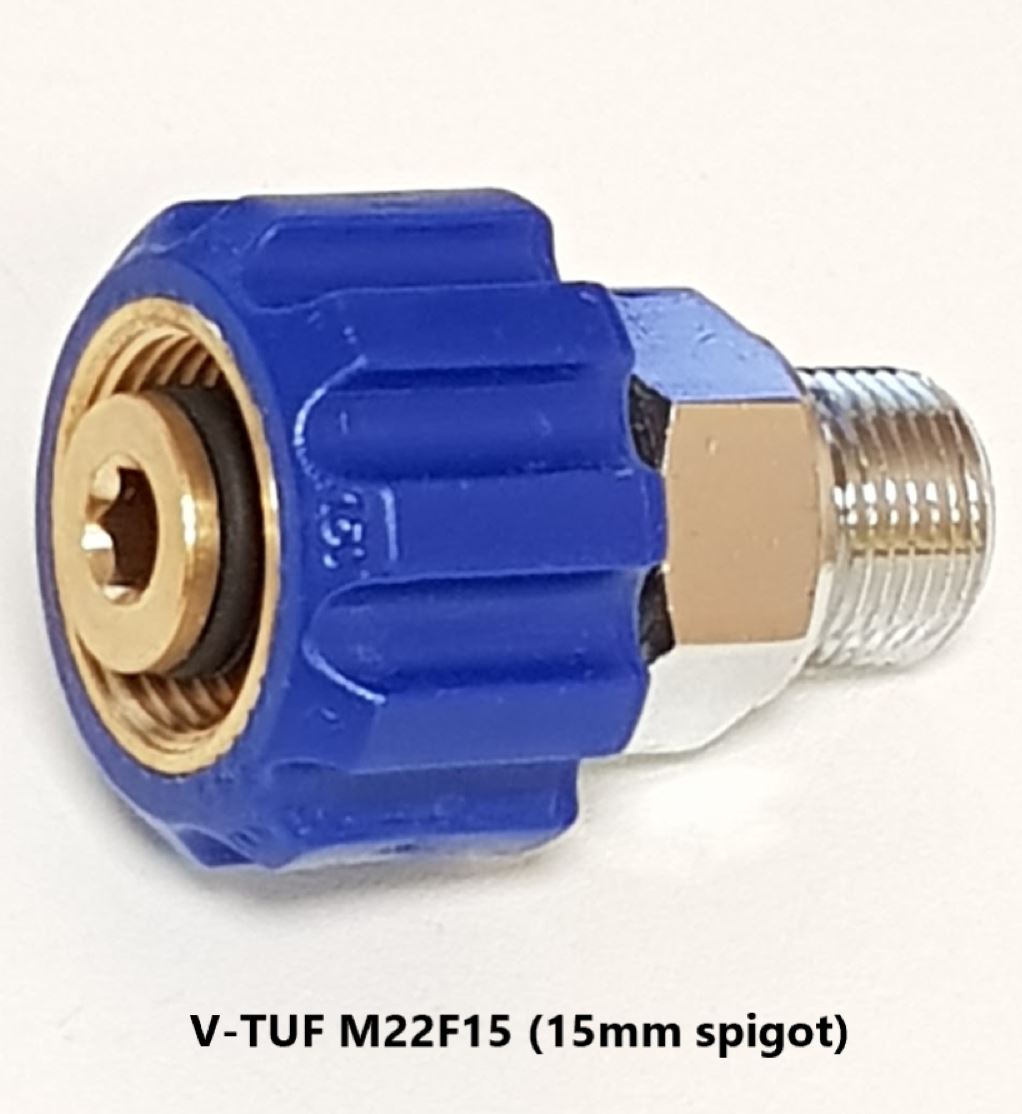 V-TUF B14.400438 M22 female to 3/8 BSP male brass coupling side view showing spigot detail
