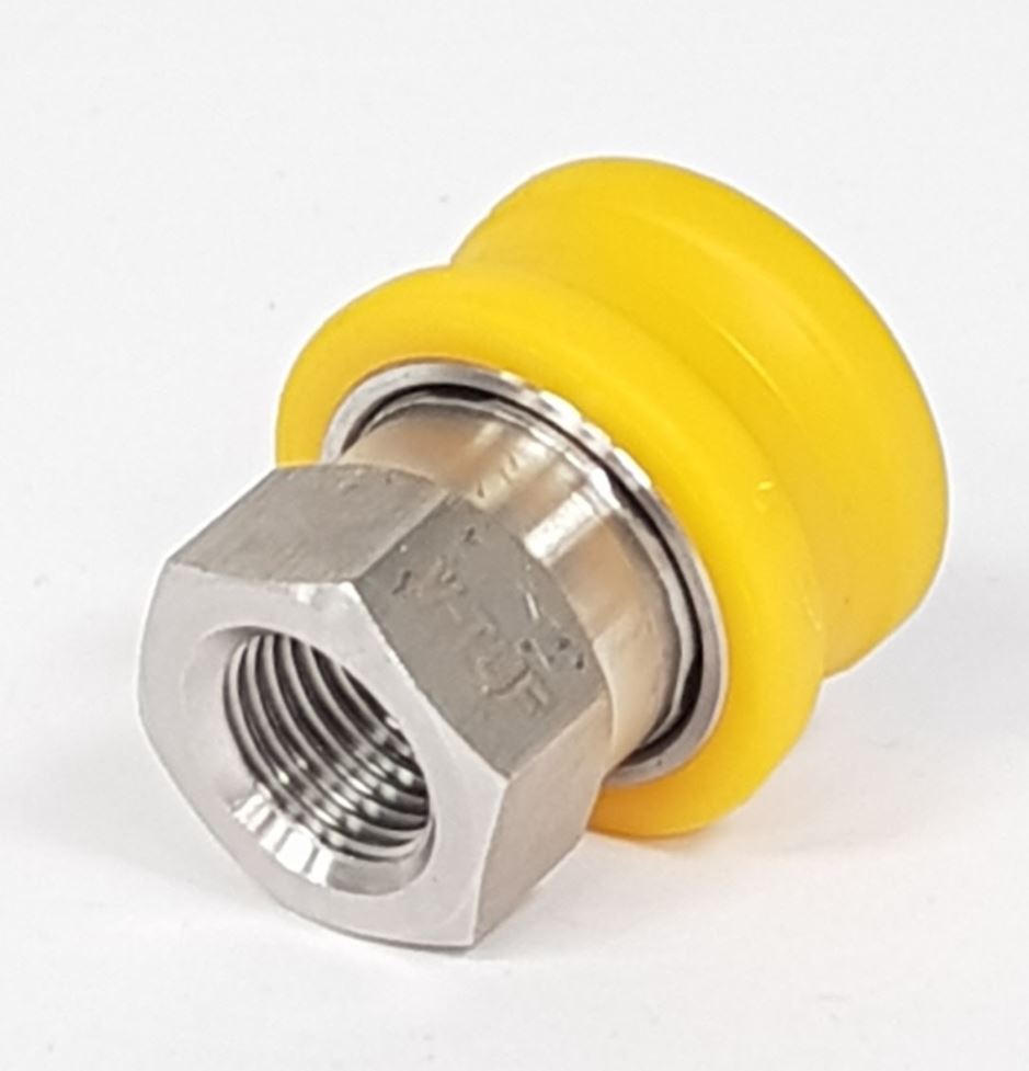 V-TUF B14.9180SS SSQ female coupling side view showing stainless body and 1/4F thread