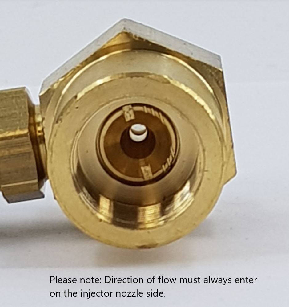 V-TUF adjustable chemical injector side view showing adjustment knob and port connections