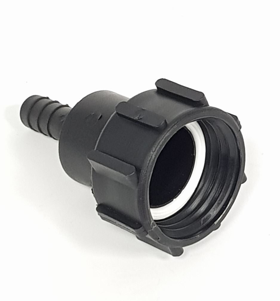 V-TUF B2.P0234 IBC S60 connection side view showing 2 inch female cap and 3/4 inch hose tail