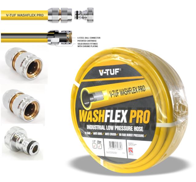 V-TUF 25m 1/2 inch 10 Bar WASHFLEX PRO water supply hose kit BF1225-KIT1 with KCQ couplings