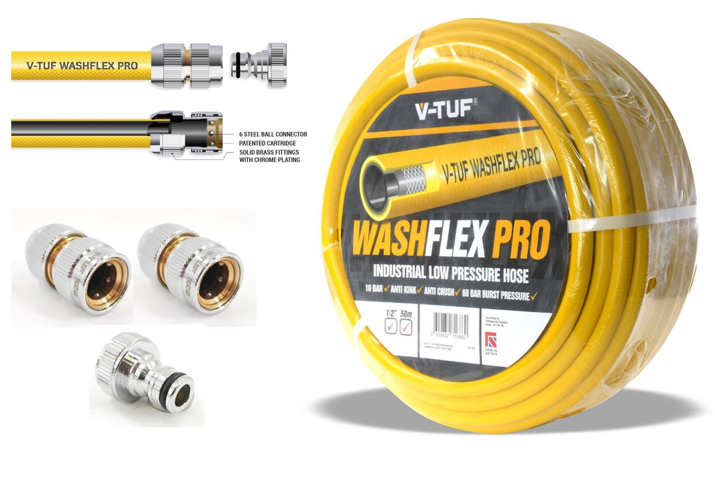 V-TUF 50m 1/2 inch 10 Bar WASHFLEX PRO water supply hose BF1250-KIT1 with KCQ couplings