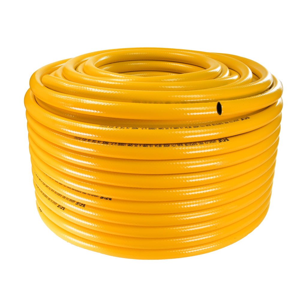 V-TUF BF34100 hose coiled on drum showing full 100m length for site use