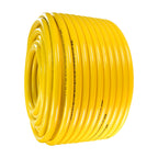 V-TUF 100m water supply hose close-up showing reinforced jacket and orange sheathing