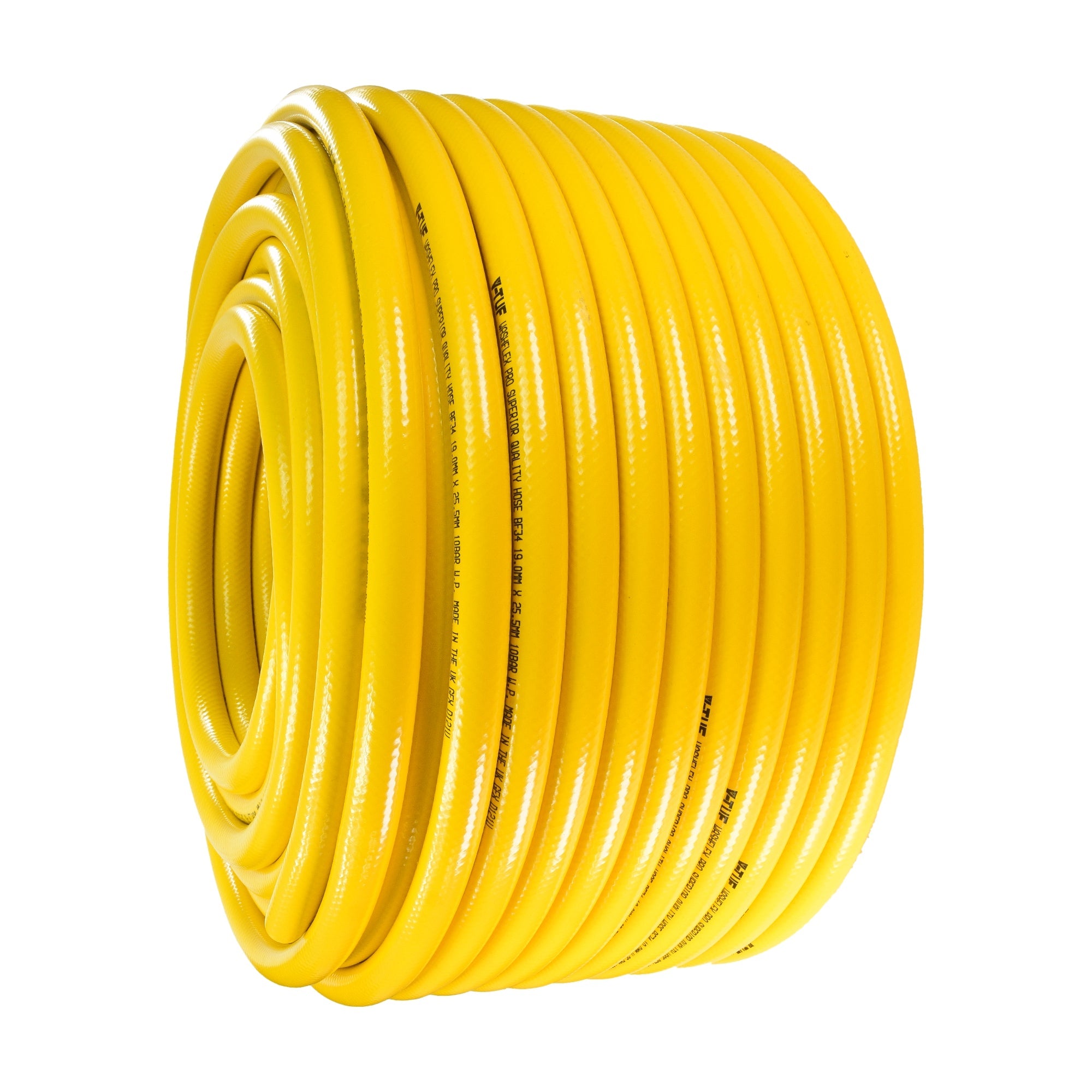 V-TUF 100m water supply hose close-up showing reinforced jacket and orange sheathing