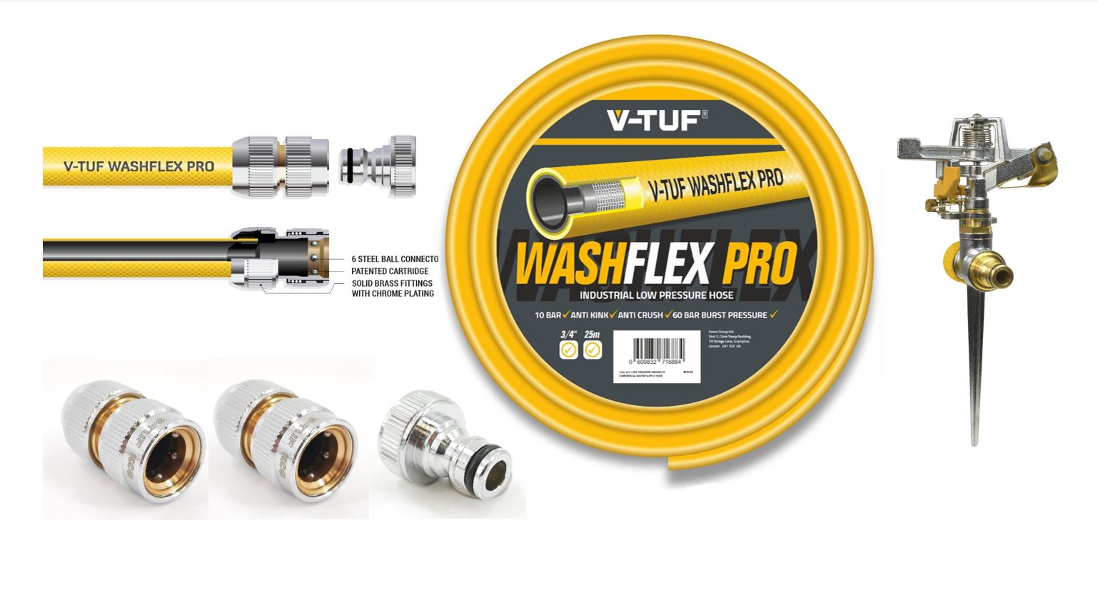 V-TUF 25m 3/4 inch WASHFLEX PRO hose BF3425-KIT2 with KCQ coupling and irrigation kit