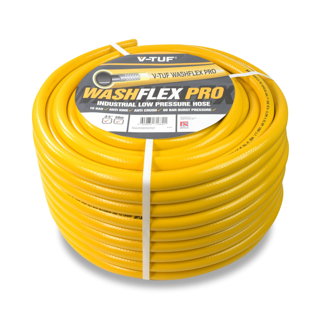V-TUF 50m water supply hose close-up showing outer jacket and braided construction