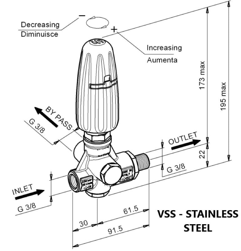V-TUF C0.081VSS stainless unloader side view showing 3/8F ports and handwheel adjustment