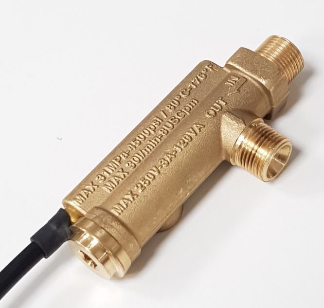 V-TUF C3.042 flow switch side view showing 90 degree body and electrical lead connection