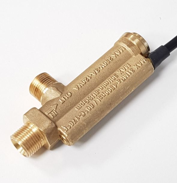 V-TUF C3.042 brass flow switch close-up showing 3/8 inch male BSP ports and switch body