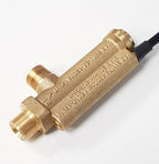 V-TUF C3.042 brass flow switch close-up showing 3/8 inch male BSP ports and switch body