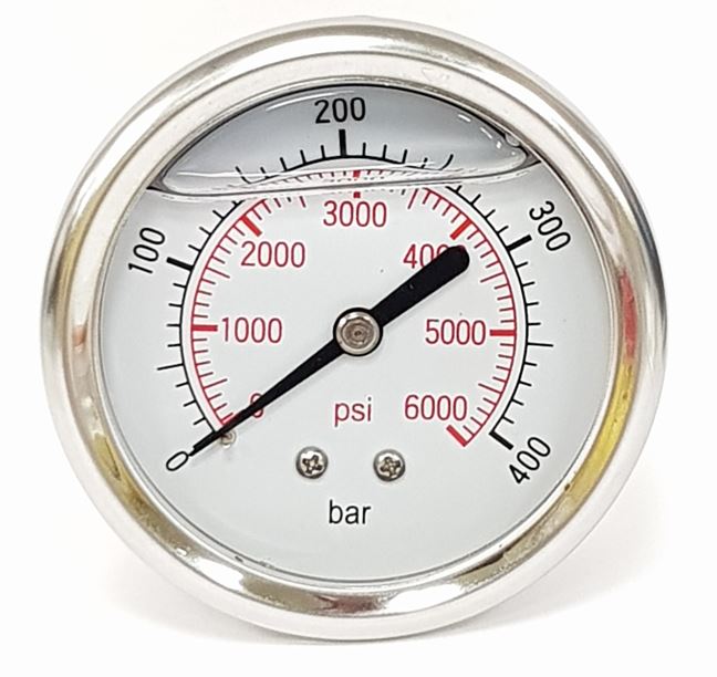 V-TUF pressure gauge 63mm stainless C6.240SS 0 to 400 Bar 1/4M back entry, front view