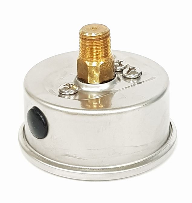 V-TUF C6.240SS stainless pressure gauge side view showing 1/4M back entry connection