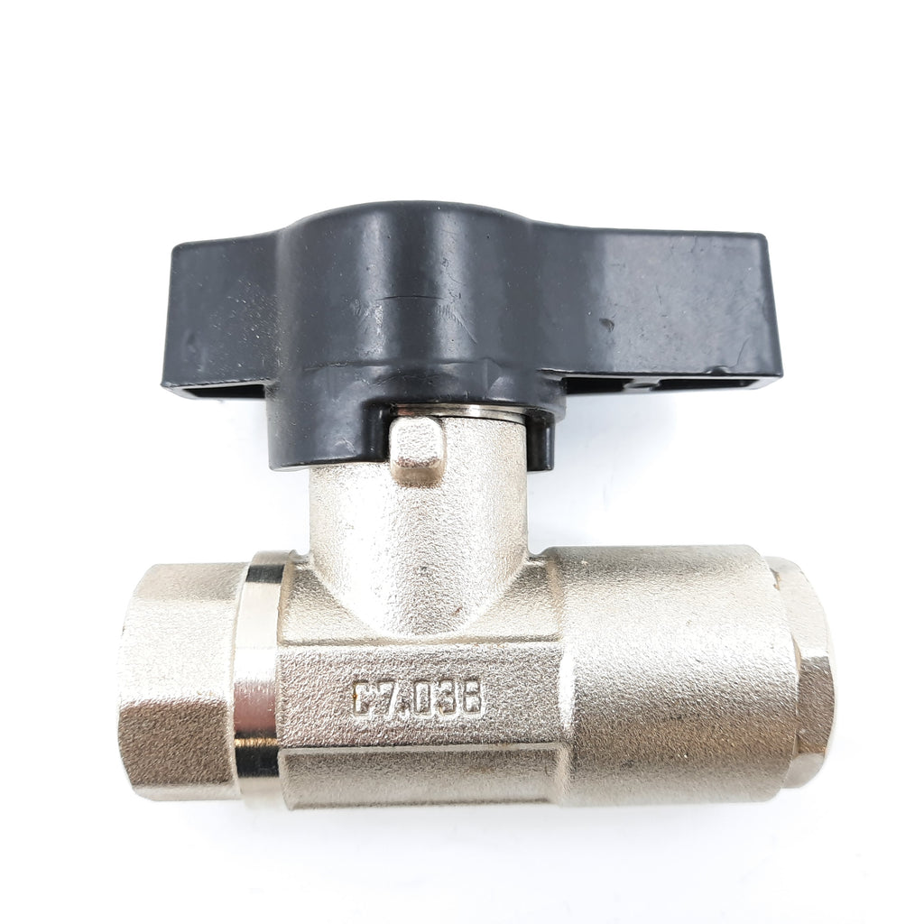 V-TUF C7.038 HP ball valve side view showing lever handle and nickel plated body