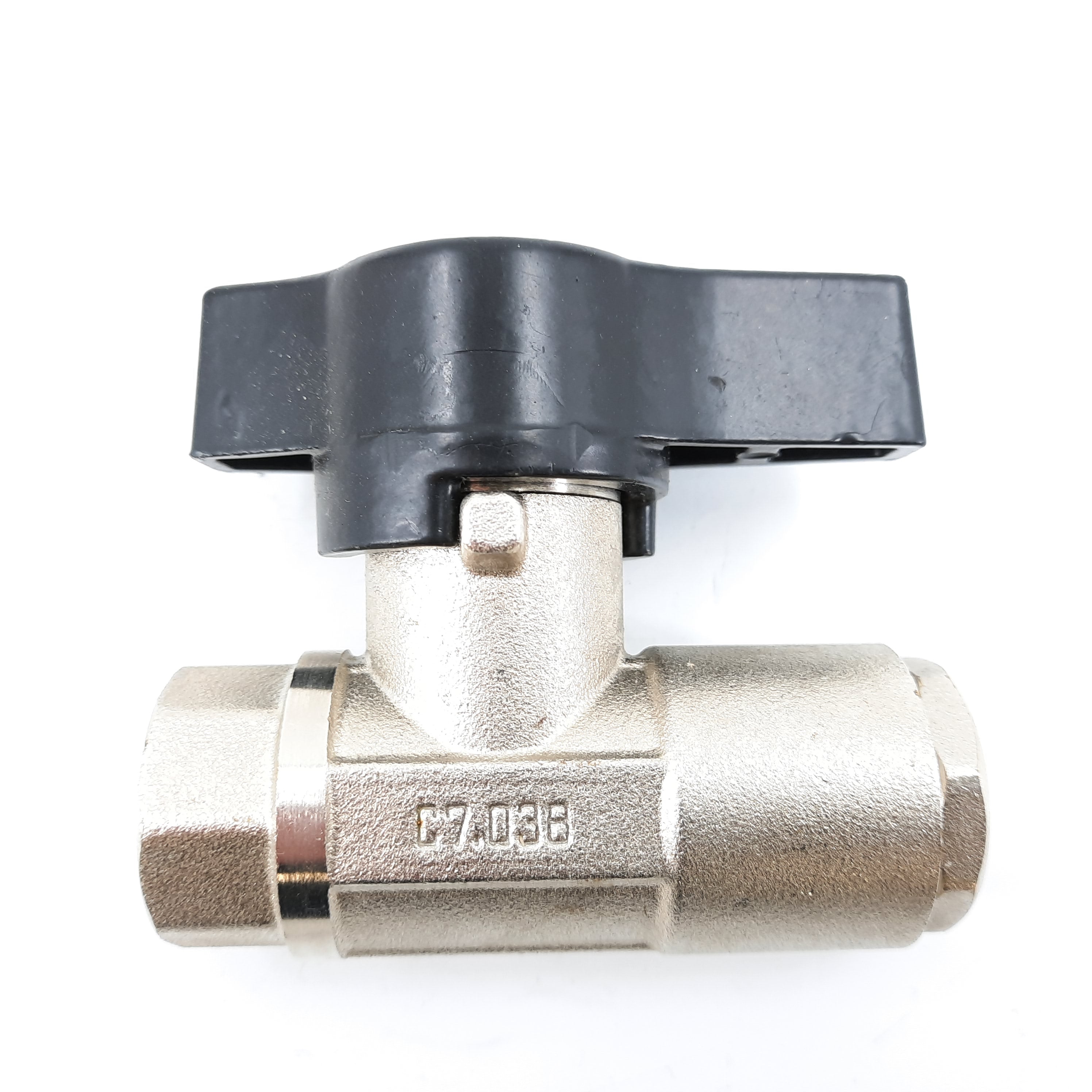 V-TUF C7.038 HP ball valve side view showing lever handle and nickel plated body