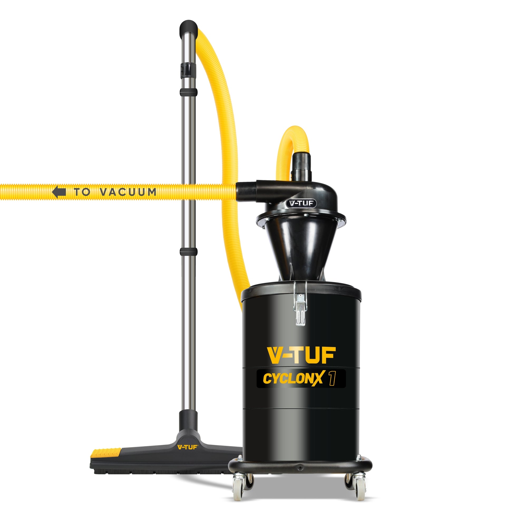 V-TUF CYCLONX1 cyclonic separator side view showing 37L tank and 38mm hose ports