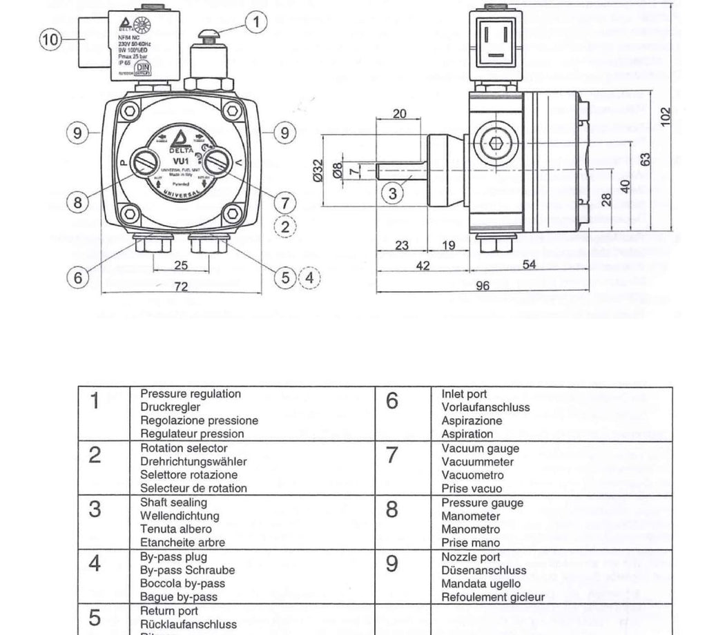 V-TUF D1.032 240V DEL fuel pump side view showing solenoid coil and pump body