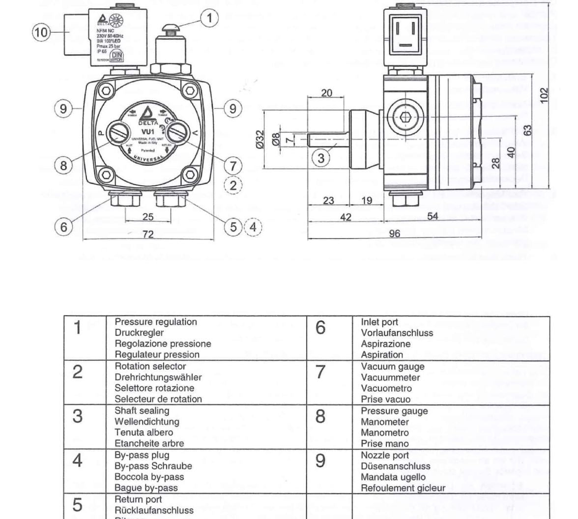 V-TUF D1.032 240V DEL fuel pump side view showing solenoid coil and pump body