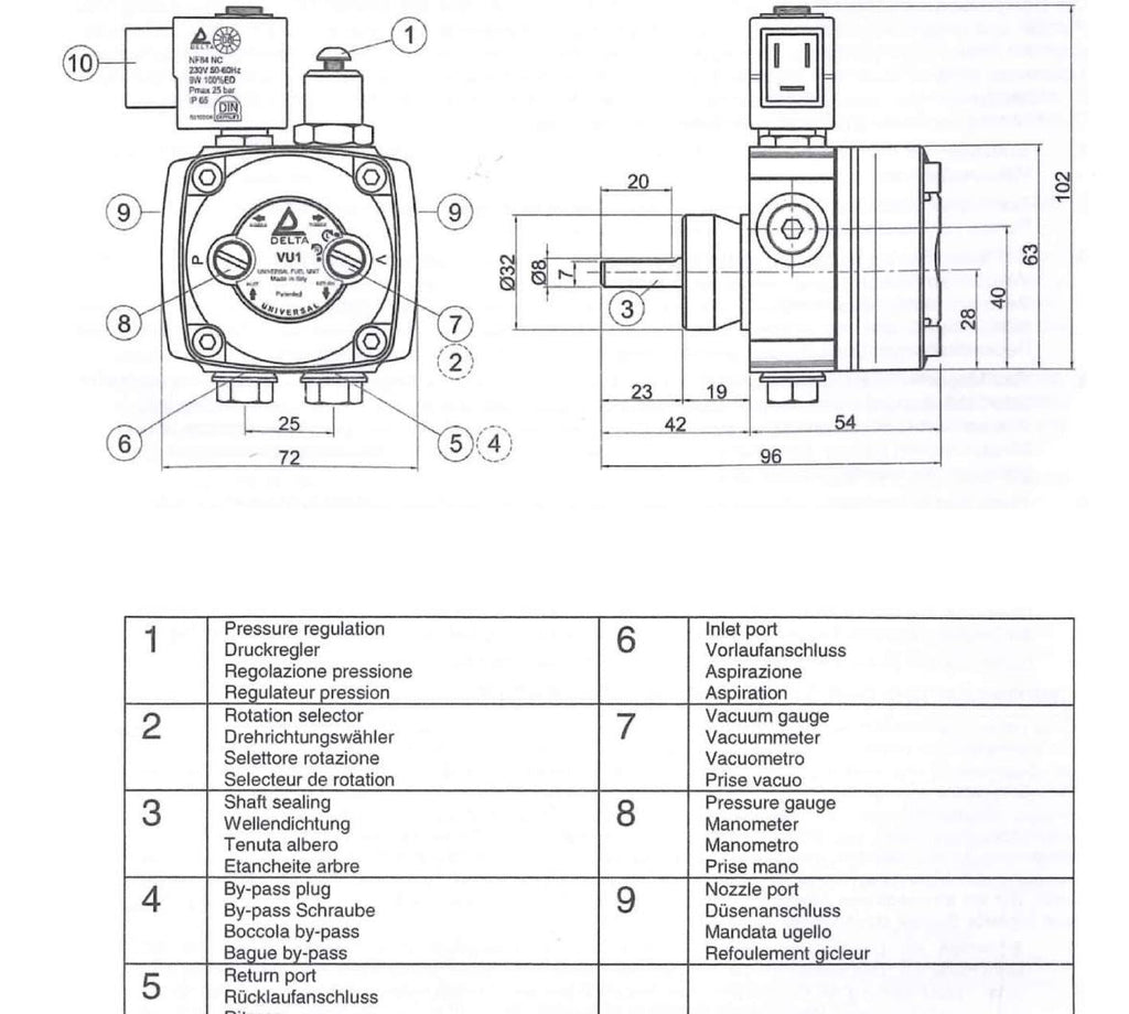 V-TUF D1.031 fuel pump top view showing pressure adjustment and body label