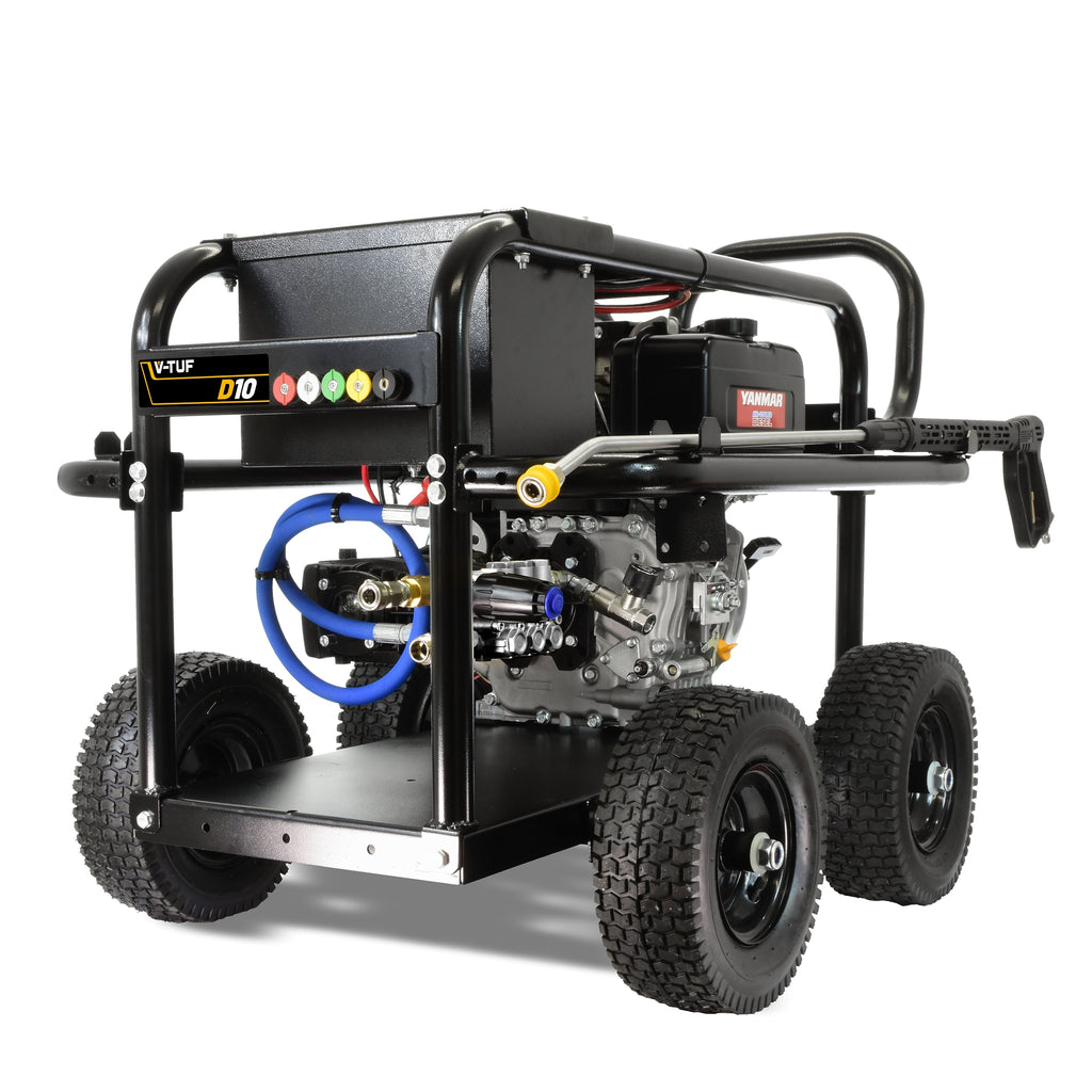 V-TUF D10 21L/min diesel washer rear view showing gearbox drive and outlet ports