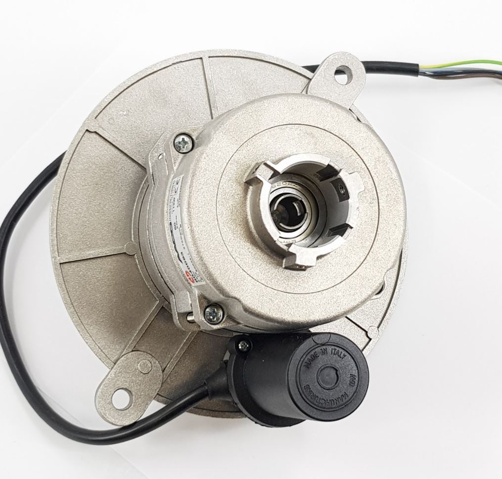 V-TUF D3.010 burner motor close-up showing capacitor and run winding terminals