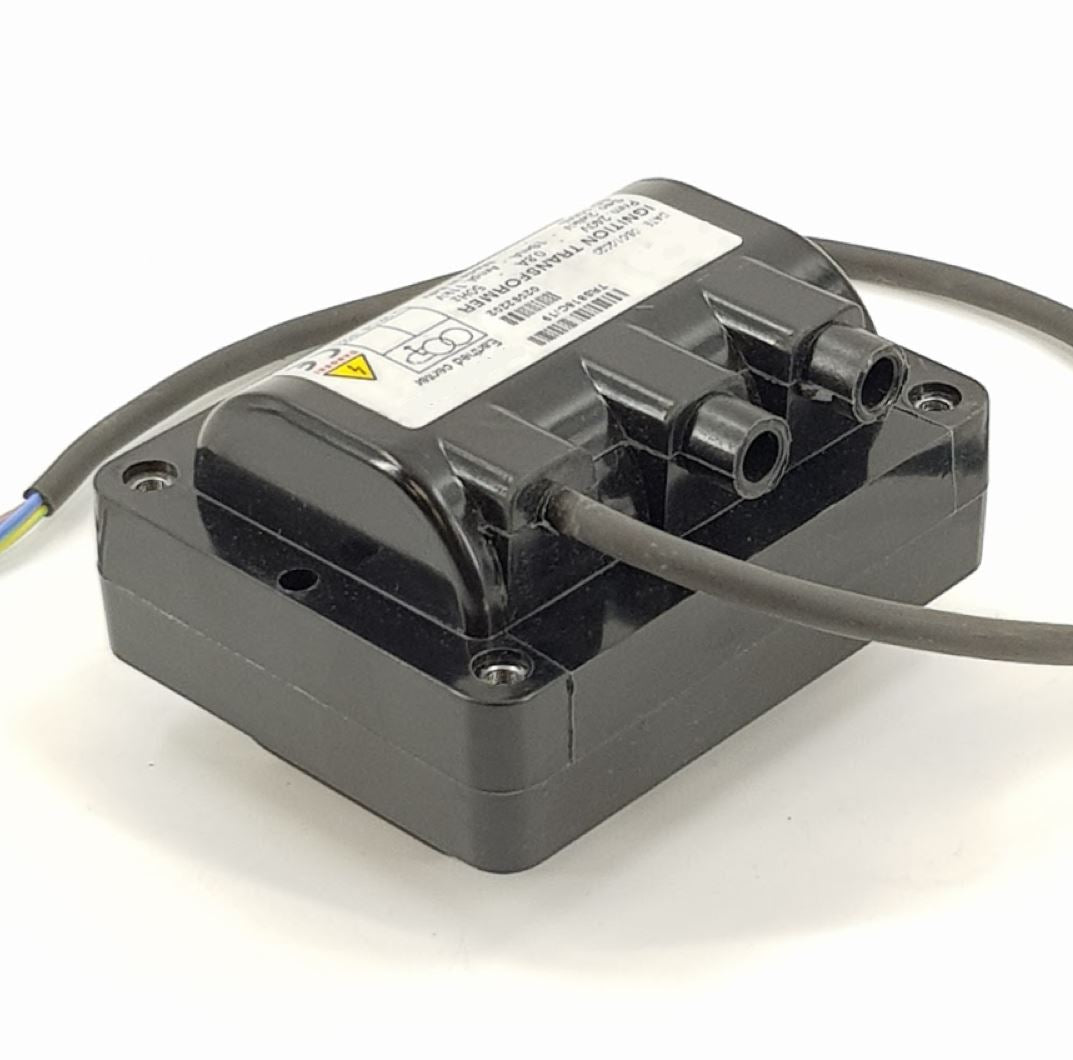 V-TUF D5.041 HT transformer side view showing screw-in HT lead ports and mounting feet