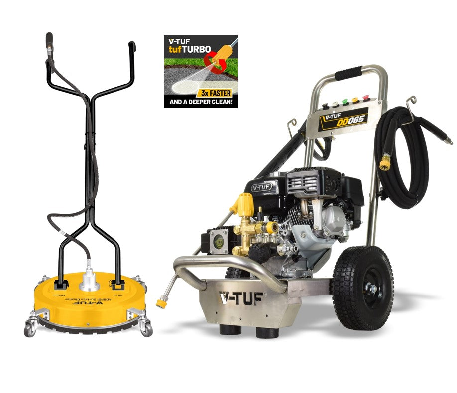 V-TUF DD065 6.5HP Honda petrol pressure washer with 19 inch poly deck patio cleaner, kit view