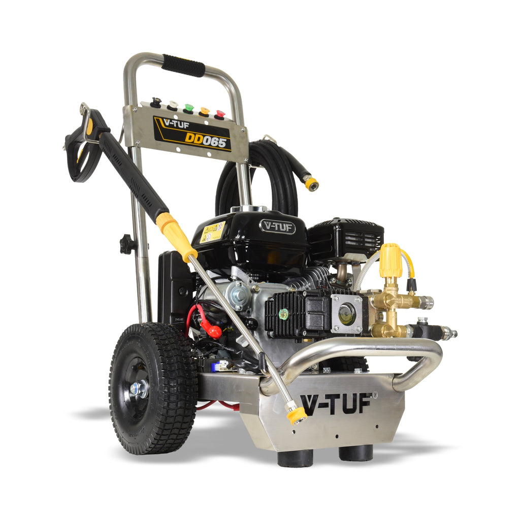 V-TUF DD065SSE rear view showing stainless frame, water inlet and electric start battery