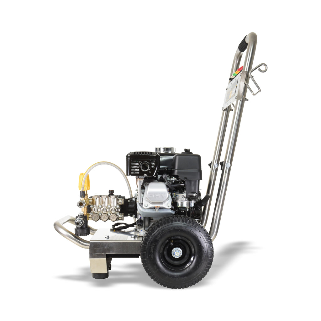 V-TUF DD065SSE stainless frame electric start washer side view showing Honda GX200 and electric start