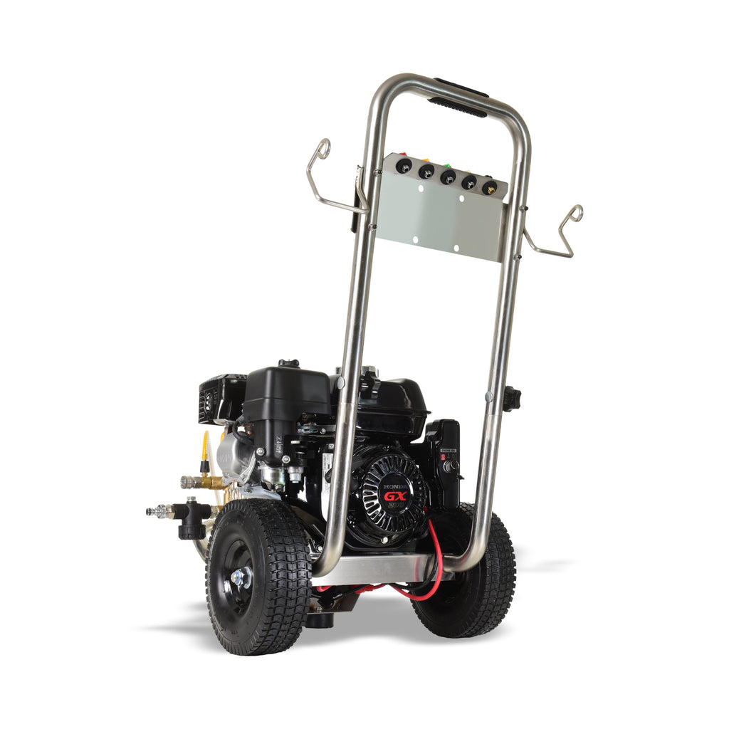 V-TUF DD065SSE angle view showing stainless frame, hose reel and electric start battery