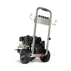 V-TUF DD065SSE angle view showing stainless frame, hose reel and electric start battery