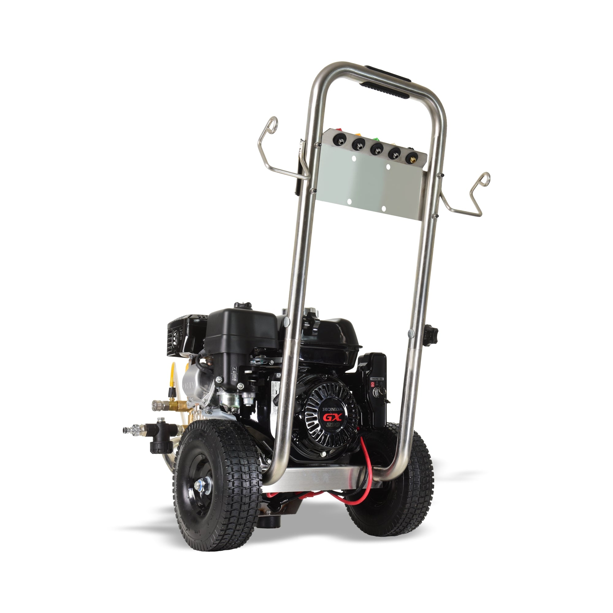 V-TUF DD065SSE angle view showing stainless frame, hose reel and electric start battery