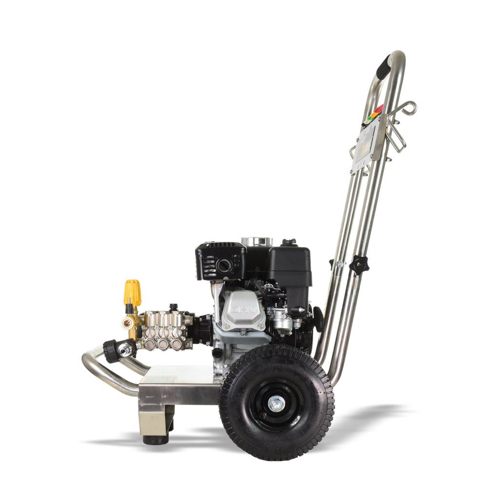 V-TUF DD080 pressure washer rear view showing water inlet, detergent tank and axle