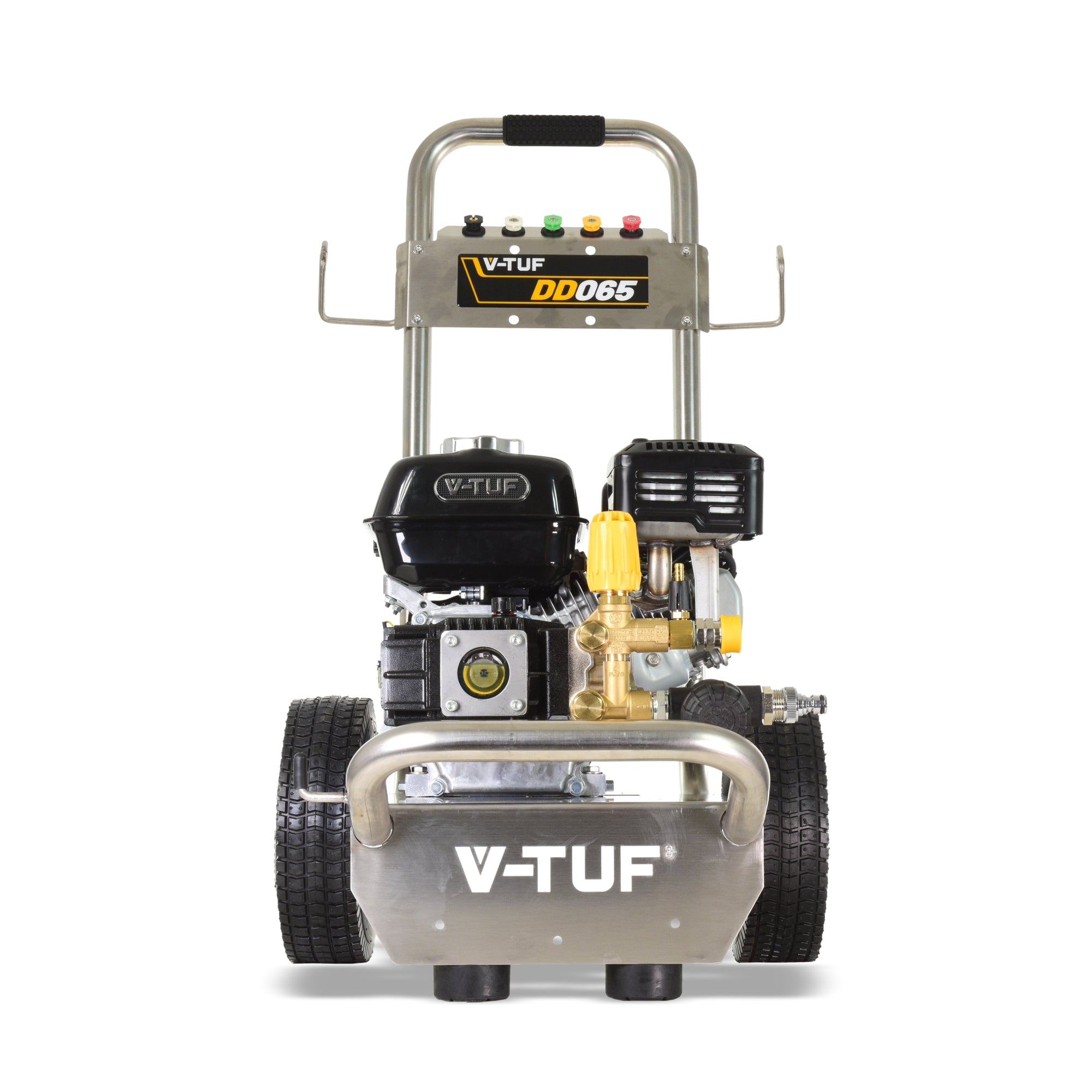 V-TUF DD080 petrol pressure washer close-up of unloader valve and high pressure outlet