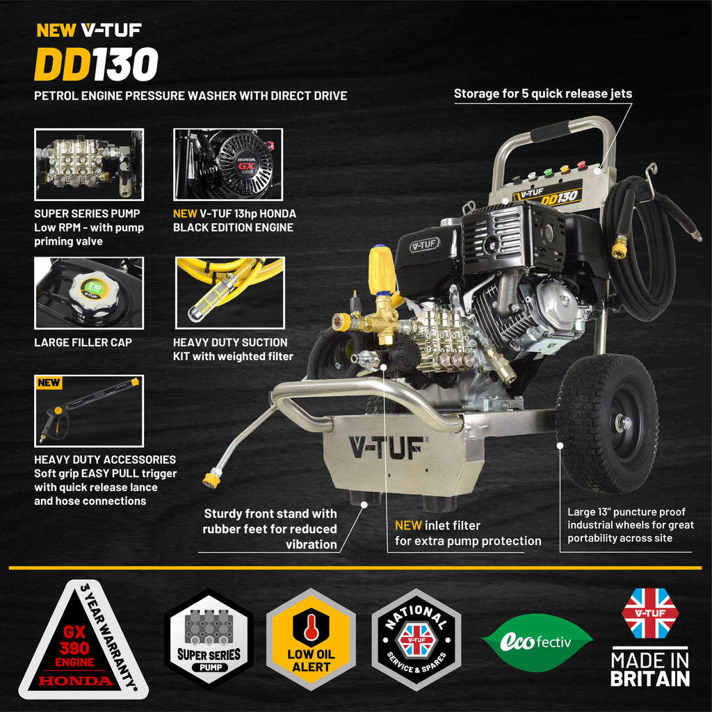 V-TUF DD130 petrol pressure washer angle view showing trolley frame and hose reel
