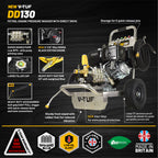 V-TUF DD130 petrol pressure washer angle view showing trolley frame and hose reel