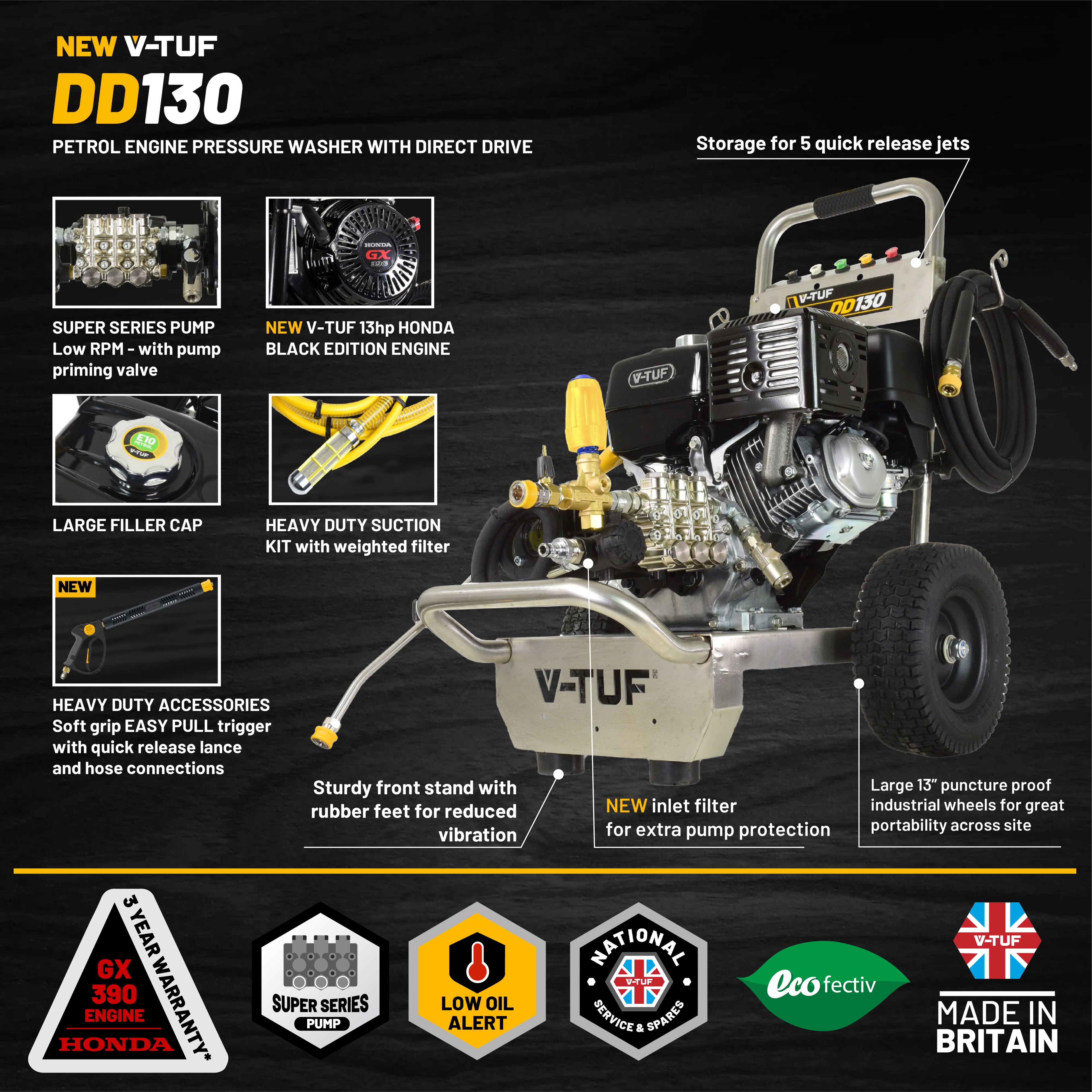V-TUF DD130 petrol pressure washer angle view showing trolley frame and hose reel
