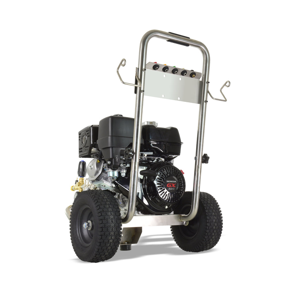 V-TUF DD130 pressure washer spec plate showing 300 Bar max, 250 Bar WP and 15L/min