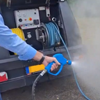 V-TUF DELUGE hot trailer bowser in use showing 300 Bar hot water output on site