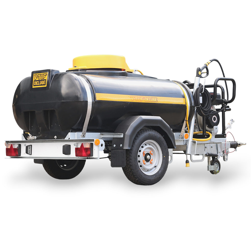 V-TUF DELUGE1125HWTGB130ES 1125L bowser side view showing 13HP ES engine, hose reel and pump