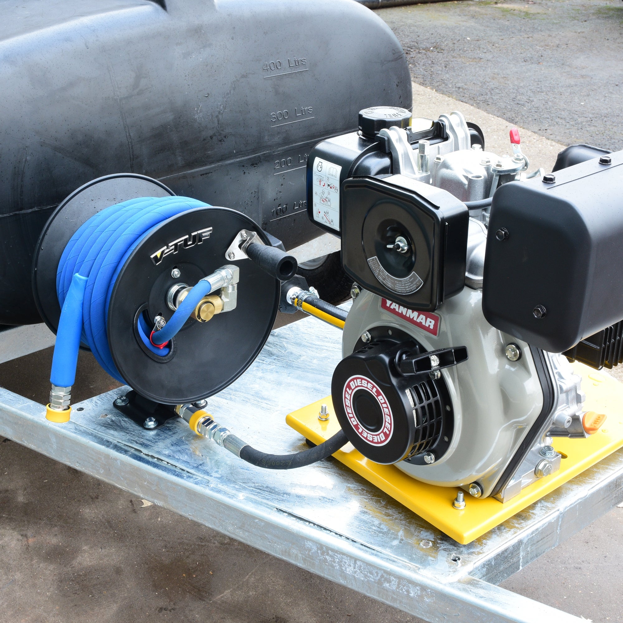 V-TUF DELUGE 500L Yanmar diesel bowser rear view showing tank outlet and trailer hitch