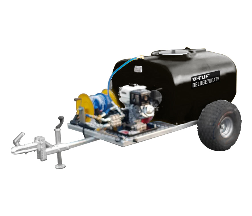 V-TUF DELUGE700ATVGB130 13HP Honda gearbox driven 700L bowser pressure washer 250 Bar, front view
