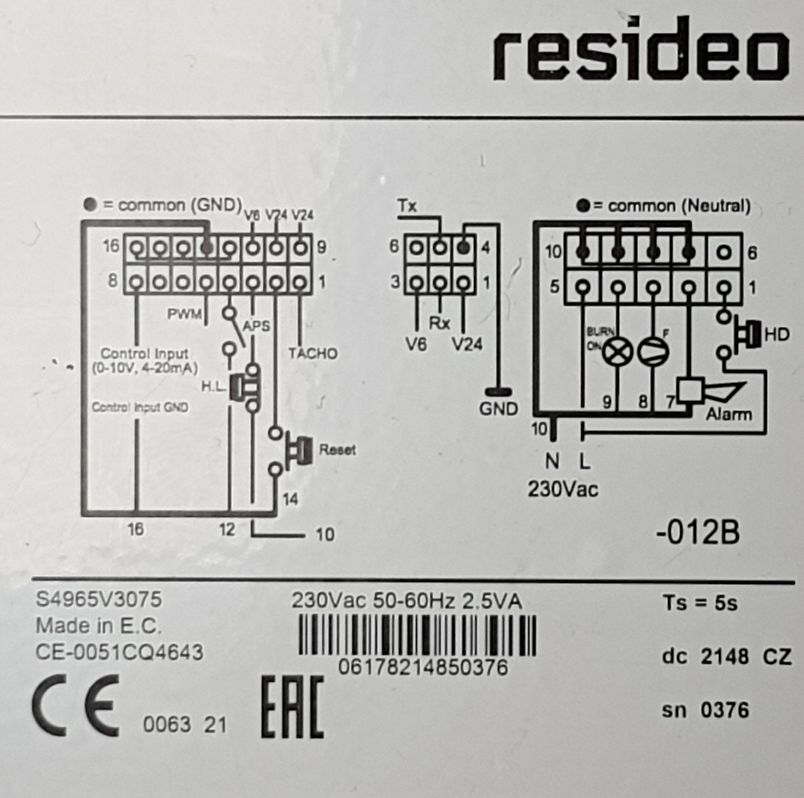 V-TUF F0.03887 burner control box side view showing terminal connections and housing