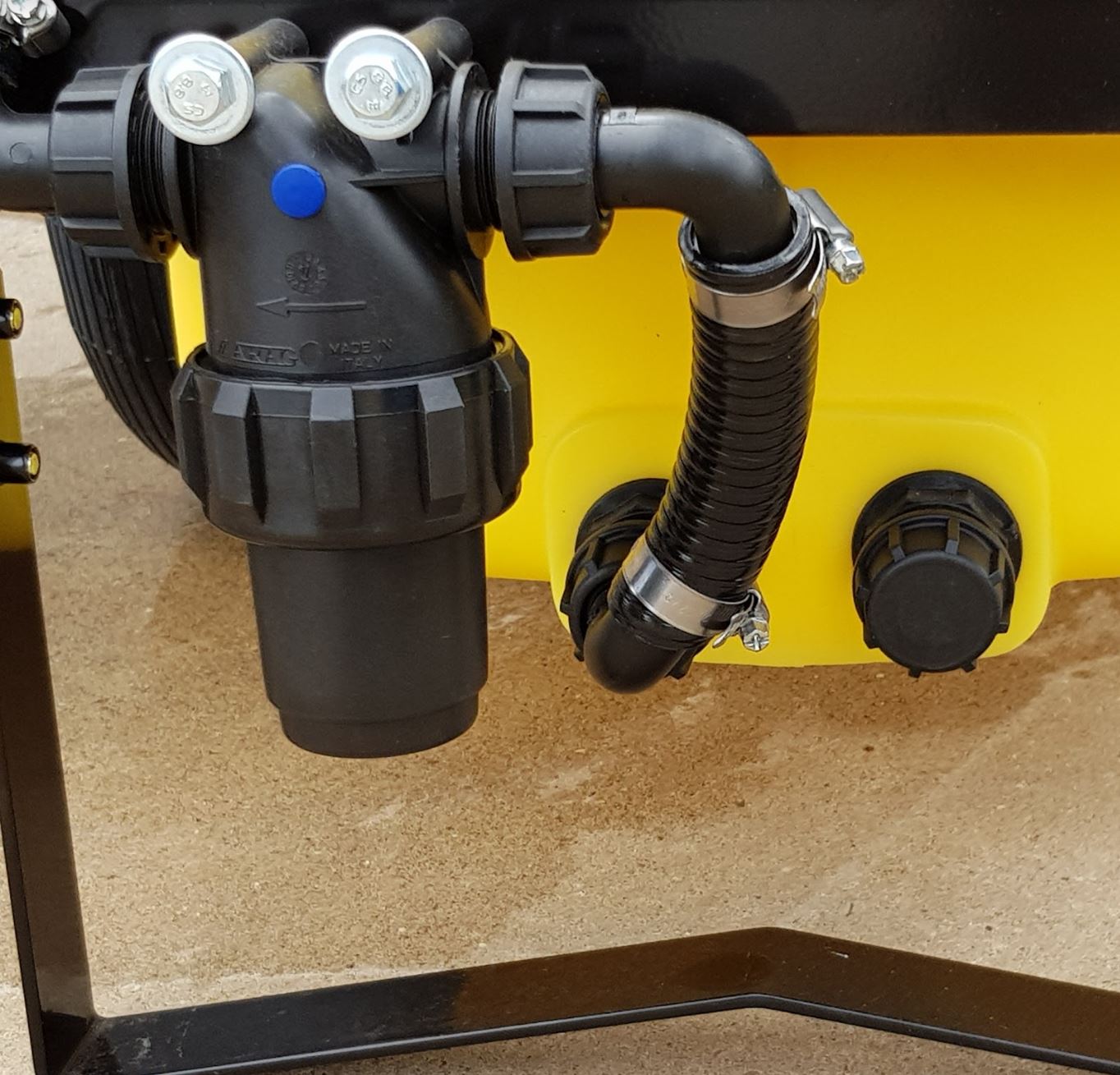 V-TUF FRAME4-BIO close-up showing recycled plastic tank fittings and outlet valve
