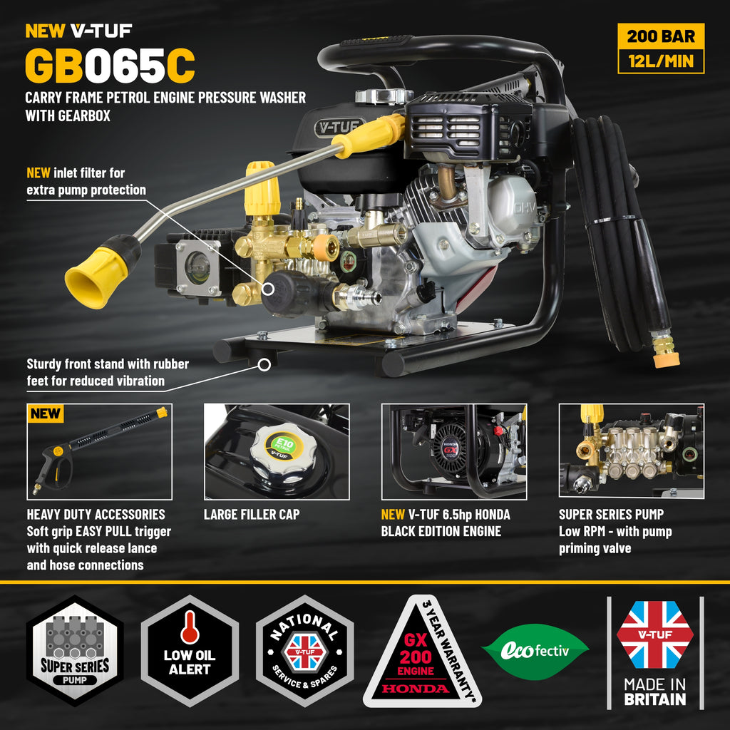 V-TUF GB065C carry frame washer side view showing Honda GX200 engine, gearbox and pump