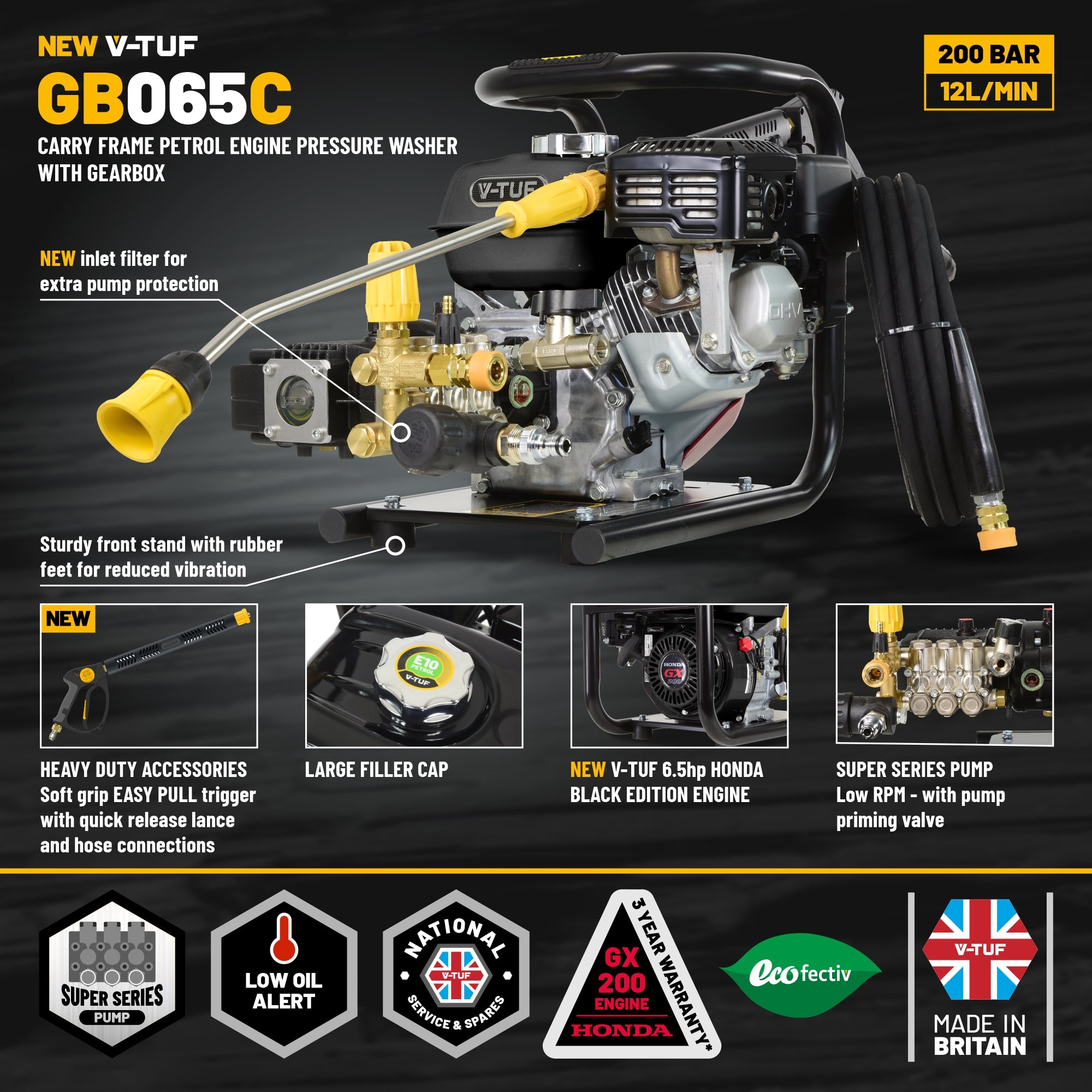 V-TUF GB065C carry frame washer side view showing Honda GX200 engine, gearbox and pump